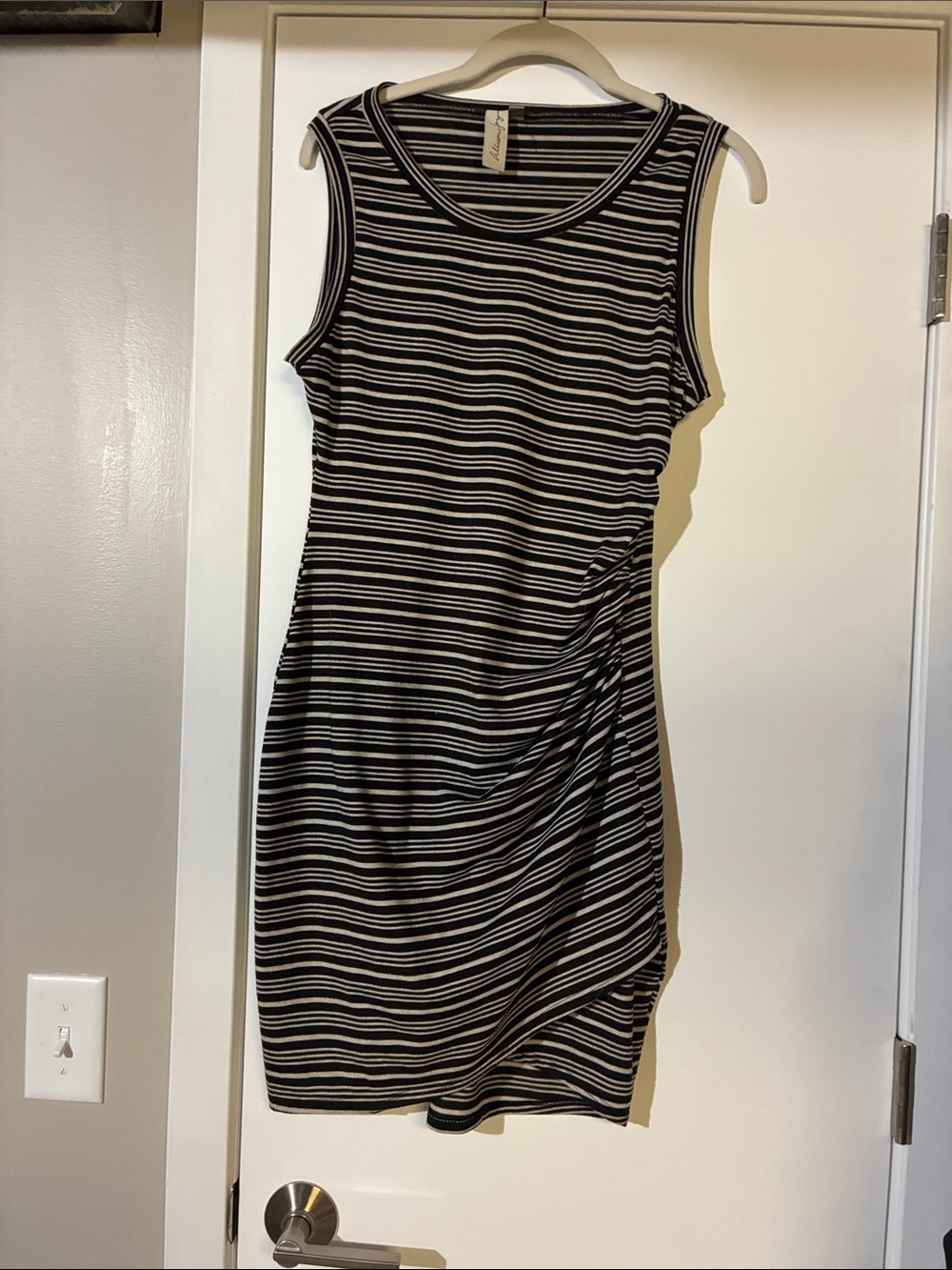 Allison Joy Black and White Striped Sleeveless Ruched Mini Dress